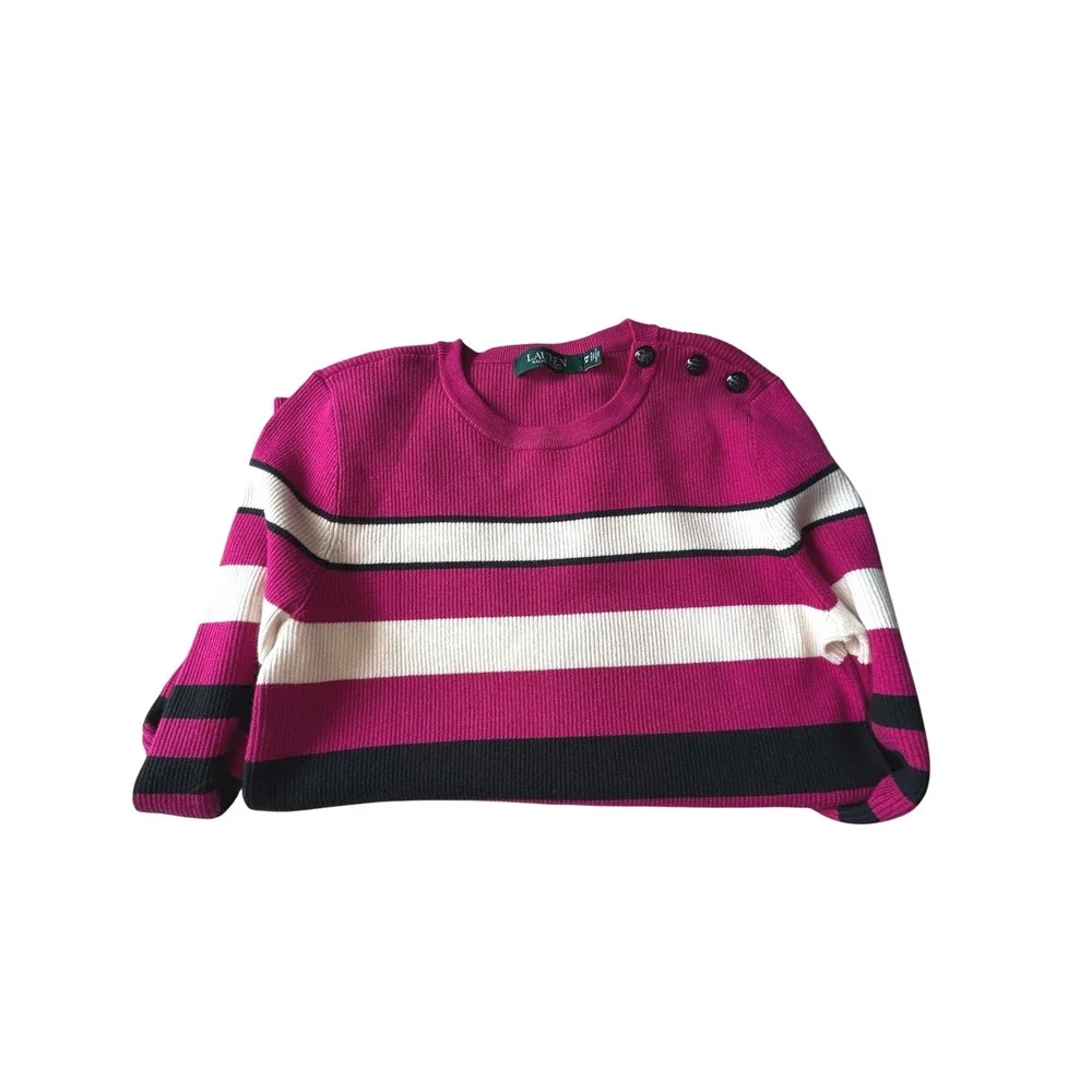 Lauren Ralph Lauren Pink White Black Stripe Ribbed Sweater Buttons‎ Women's M